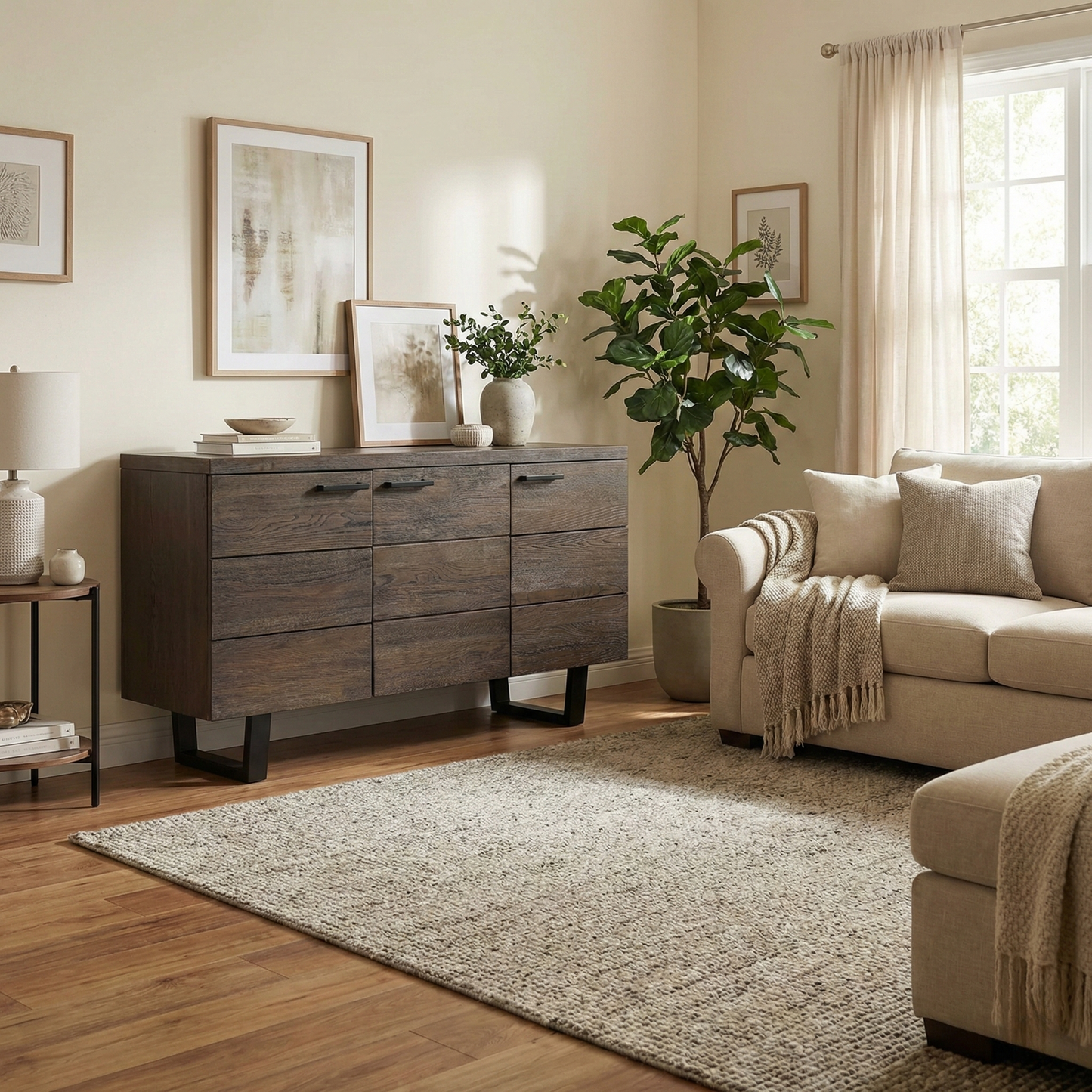 Lifestyle view of the Mars solid oak sideboard in a dining room setting, highlighting its functional storage and elegant presence.