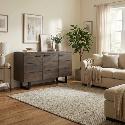 Lifestyle view of the Mars solid oak sideboard in a dining room setting, highlighting its functional storage and elegant presence.