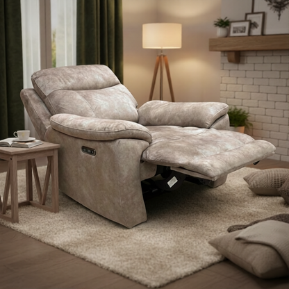 Living room view for the Sloane power recliner chair, highlighting the premium Marble Charcoal velvet, electric reclining mechanism, and superior lumbar support.