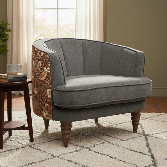 Lifestyle photo of the Talon brown fabric accent chair in a contemporary living room, showcasing its elegant and sophisticated design.