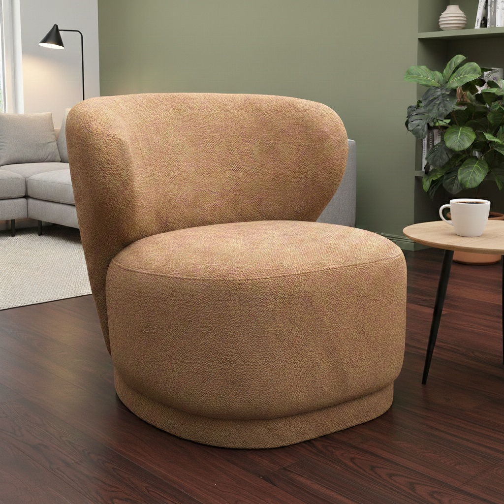Living Room of the Knox ginger woven fabric chair, highlighting its neutral tone and modern design suitable for various home decors.