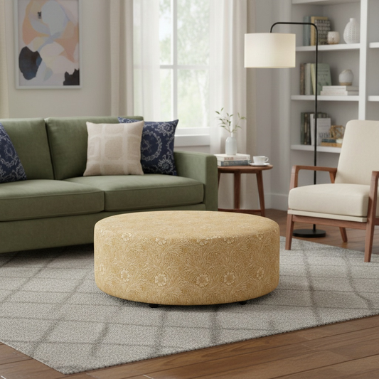 Lifestyle photo of the Iris yellow floral footstool in a bright living room, showcasing its contemporary and elegant design.