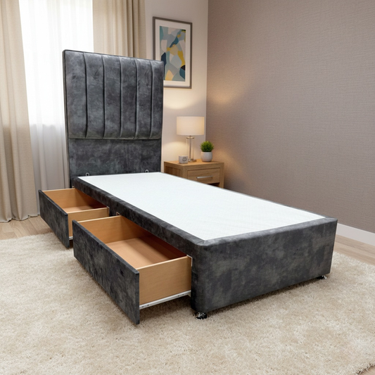 Lifestyle shot of the Dickens Lace single bed set in a modern bedroom, showcasing the luxurious velvet headboard and clean divan silhouette.