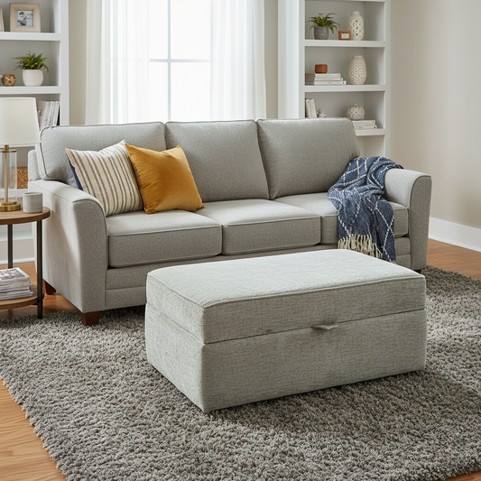 Living Room of the Sasha storage bench, emphasizing its generous proportions and elegant neutral tone.