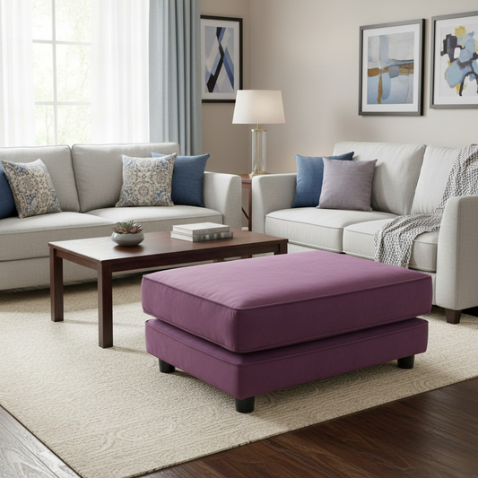 Living Room of the rectangular purple velvet footstool, illustrating the clean tailoring and premium craftsmanship.