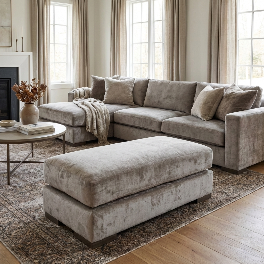Living Room of the Jackson bench footstool, highlighting the premium finish and tailored edges of the upholstery.