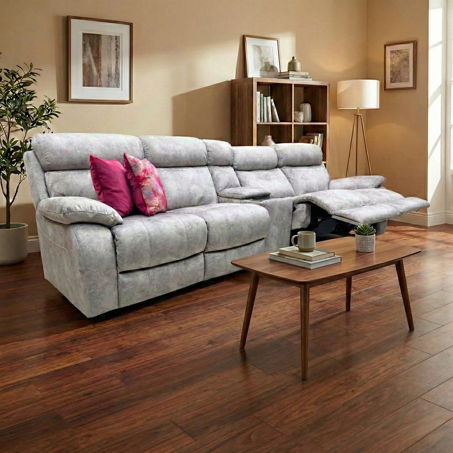 Living Room of the Komodo ocean blue leather sofa, highlighting its bucket seat design and contemporary style.