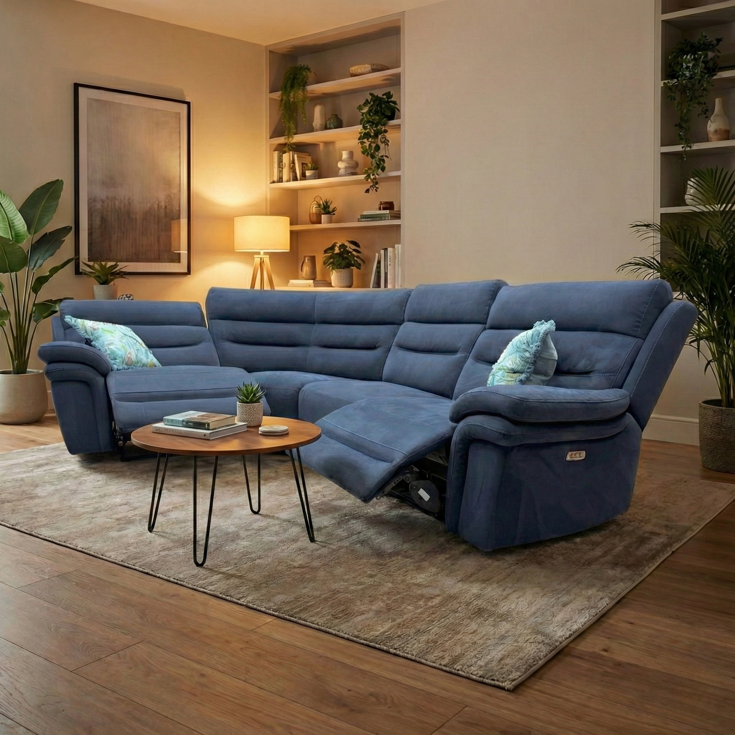Living Room of the Berlin velvet corner sofa in Navy Blue, highlighting the plush fabric and spacious corner design.