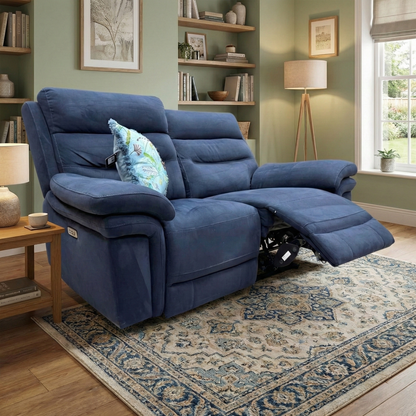 Living Room of the Berlin navy velvet 2-seater sofa, showcasing the plush fabric and modern design.