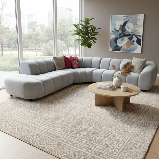 Lifestyle view of the Silver Waldorf corner sofa, showcasing the generous open-end chaise and cozy sherpa upholstery in a modern living room setting.