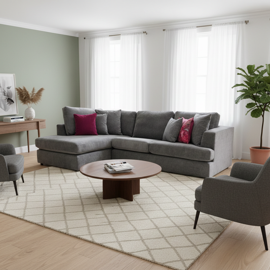 Lifestyle shot of the Stratus corner sofa in a modern living room setting, highlighting the sophisticated graphite upholstery and generous seating area.