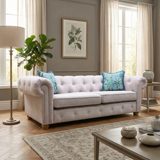Lifestyle photo of the lilac Belair Chesterfield sofa, showcasing its elegant silhouette and classic wooden legs in a modern living space.