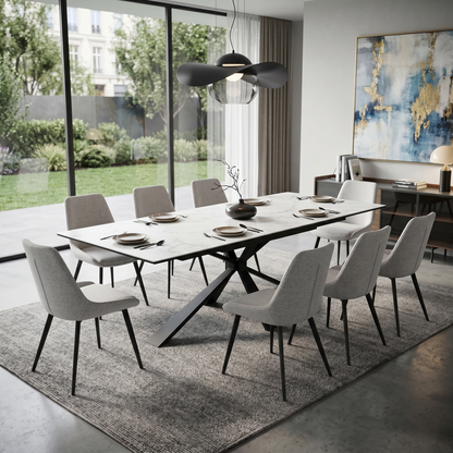 Dining Room view of the Crete dining table closed at 180cm, showcasing the flawless continuous ceramic pattern and its sleek, bold modern aesthetic.