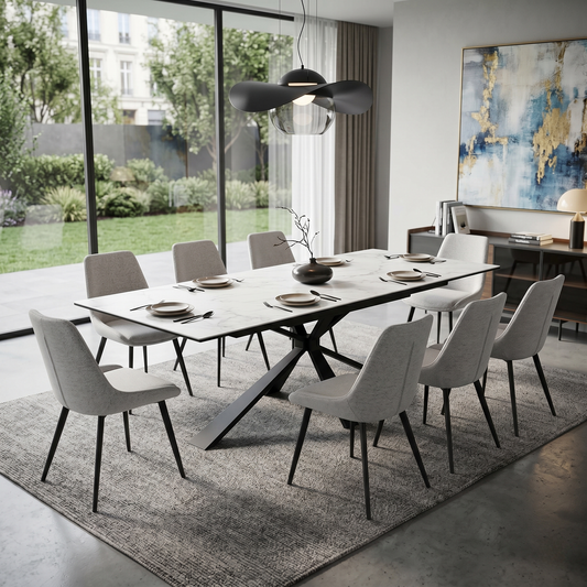 Dining Room view of the Crete dining table closed at 180cm, showcasing the flawless continuous ceramic pattern and its sleek, bold modern aesthetic.