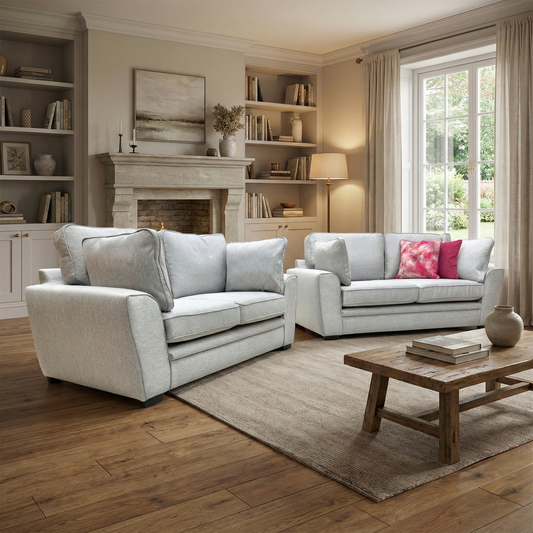Living room of the 'Chalfont' 3-seater sofa in Novak Grey, highlighting the modern design and sloped arms