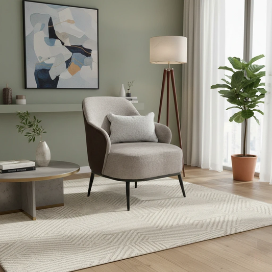 Lifestyle studio shot of the ‘Velar’ Brown chair, highlighting the elegant combination fabric and sleek silhouette.