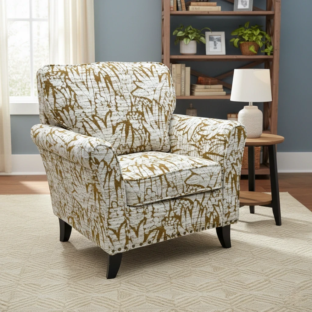 Lifestyle studio shot of the ‘Pippa’ Mustard Floral armchair, highlighting its vibrant yellow botanical pattern and modern silhouette.