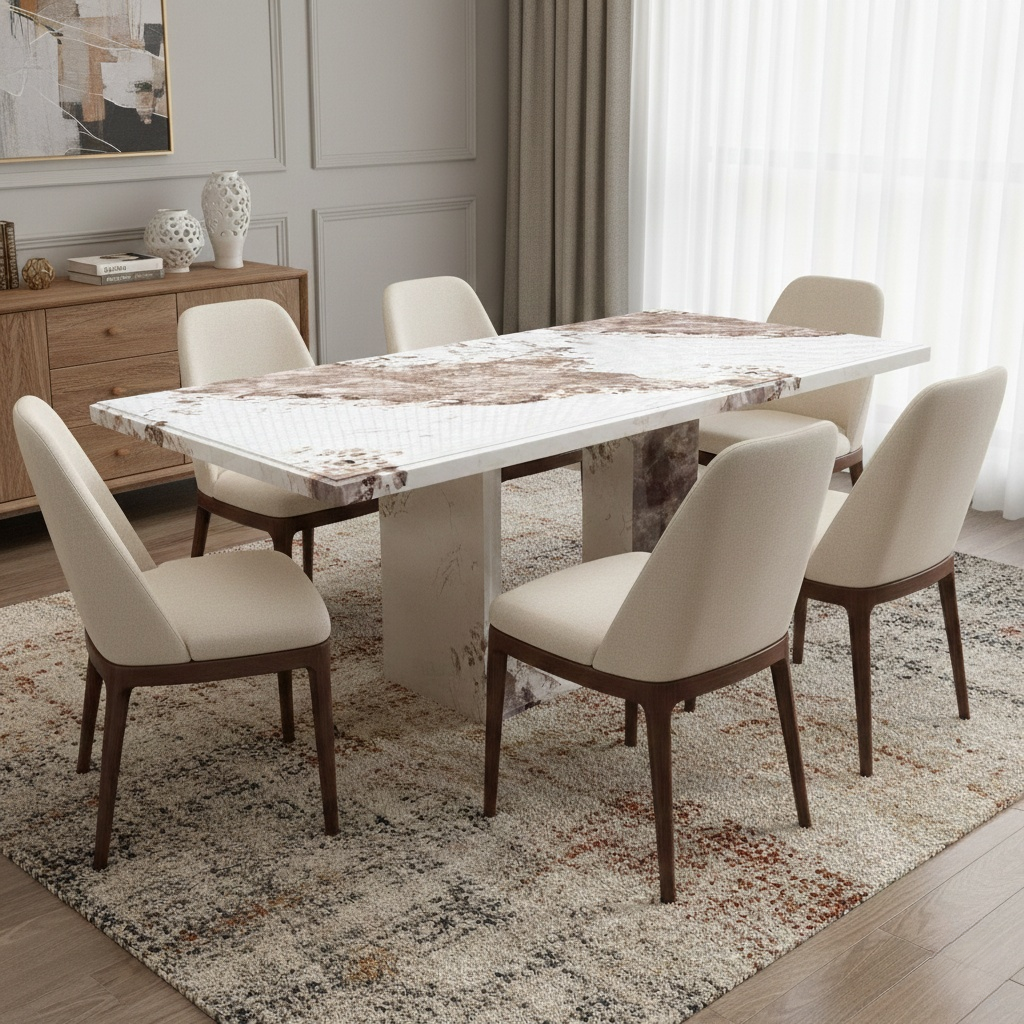 Living Room of the Artemis marble dining table, highlighting the natural color variations and polished finish of the mocha marble.