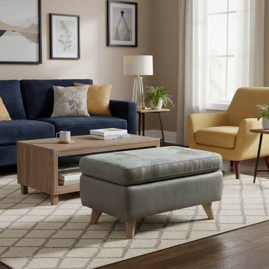 Lifestyle view of the Malmo Olive storage footstool in a modern living room, styled as a central coffee table.
