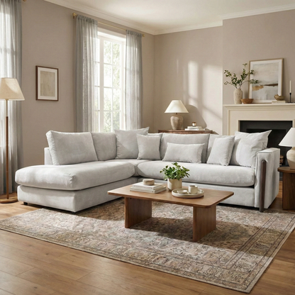 Living Room of the spacious open-end chaise and luxurious silver velvet texture of the Barney corner sofa.