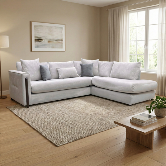 Living Room of the Barney corner sofa, highlighting the shimmer of the silver towel velvet and the spacious open-end chaise design.