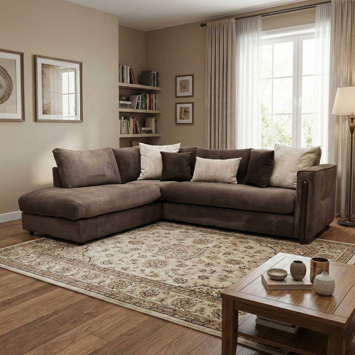 Living Room of the Barney corner sofa, highlighting the luxurious espresso brown velvet and the spacious left-hand facing chaise design.