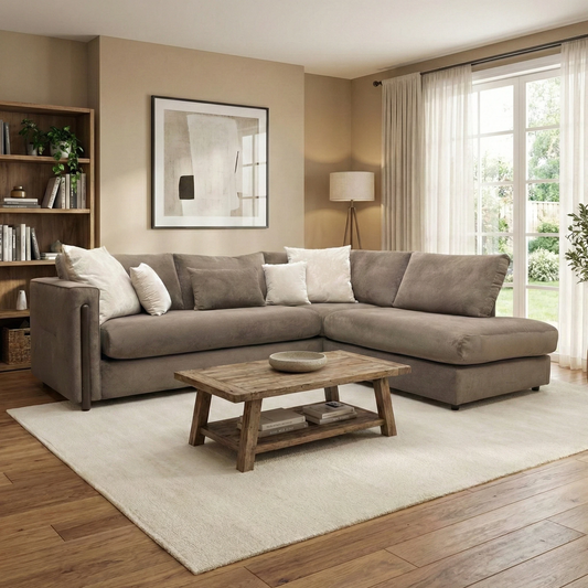Living Room of the Barney corner sofa in espresso brown, showcasing the long chaise end and contemporary formal back cushions.