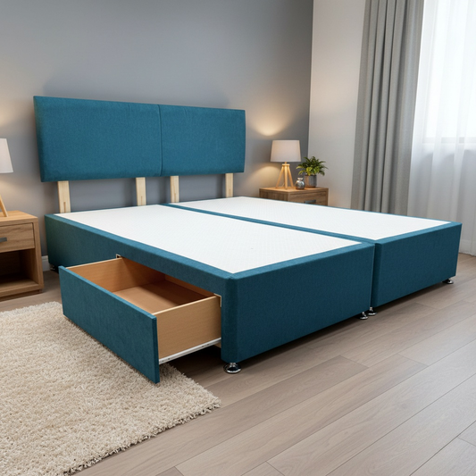 Lifestyle photo of the Bella Super King bed in a modern bedroom, showcasing the premium teal upholstery and grand scale of the headboard.
