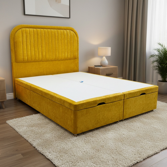 Living Room shot showing the contemporary vertical panelling and vibrant yellow fabric of the ‘Portland’ floor-standing headboard.