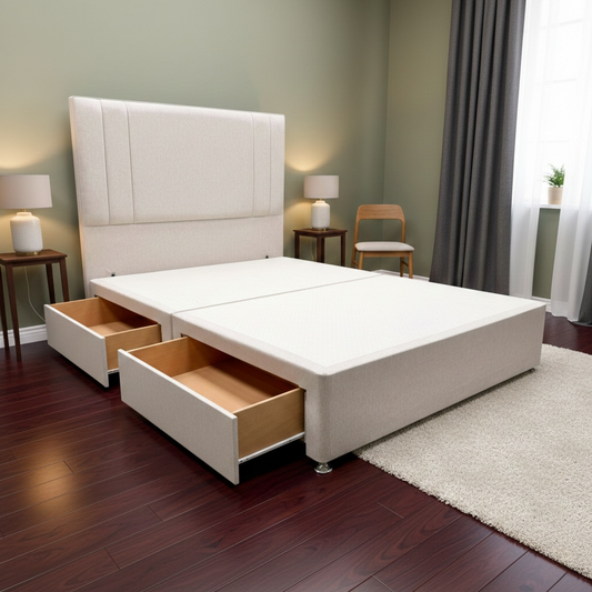 Living Room shot of the ‘Cygnus’ floor-standing headboard, highlighting the warm Orkney Oat fabric and contemporary panelled design.