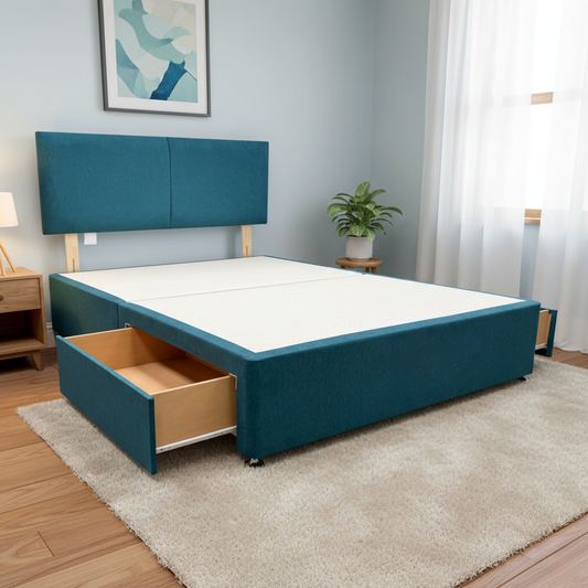 Lifestyle shot of the Bella Teal fabric king-size bed in a modern bedroom setting, showcasing the deep-buttoned tufted headboard design.