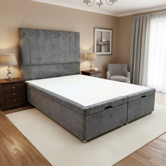Living Room shot of the ‘Pluto’ floor-standing headboard, highlighting the luxurious Milan Thunder gray velvet and modern vertical panelled design.