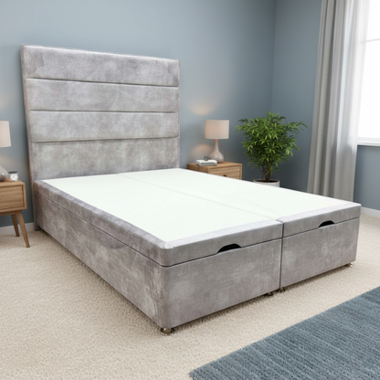 Living Room shot of the ‘Pisces’ floor-standing headboard, highlighting the elegant Lace Dolphin gray velvet and vertical stitched detailing.