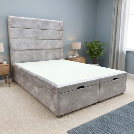 Living Room shot of the ‘Pisces’ floor-standing headboard, highlighting the elegant Lace Dolphin gray velvet and vertical stitched detailing.