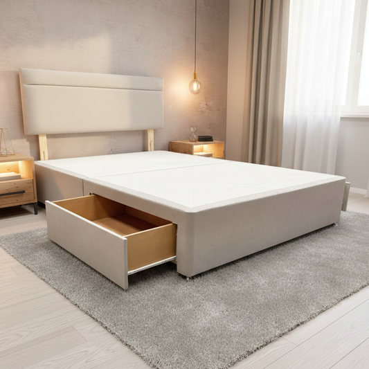 Lifestyle view of the Capella Venice Mink divan bed in a styled bedroom, highlighting its modern aesthetic and neutral tone.