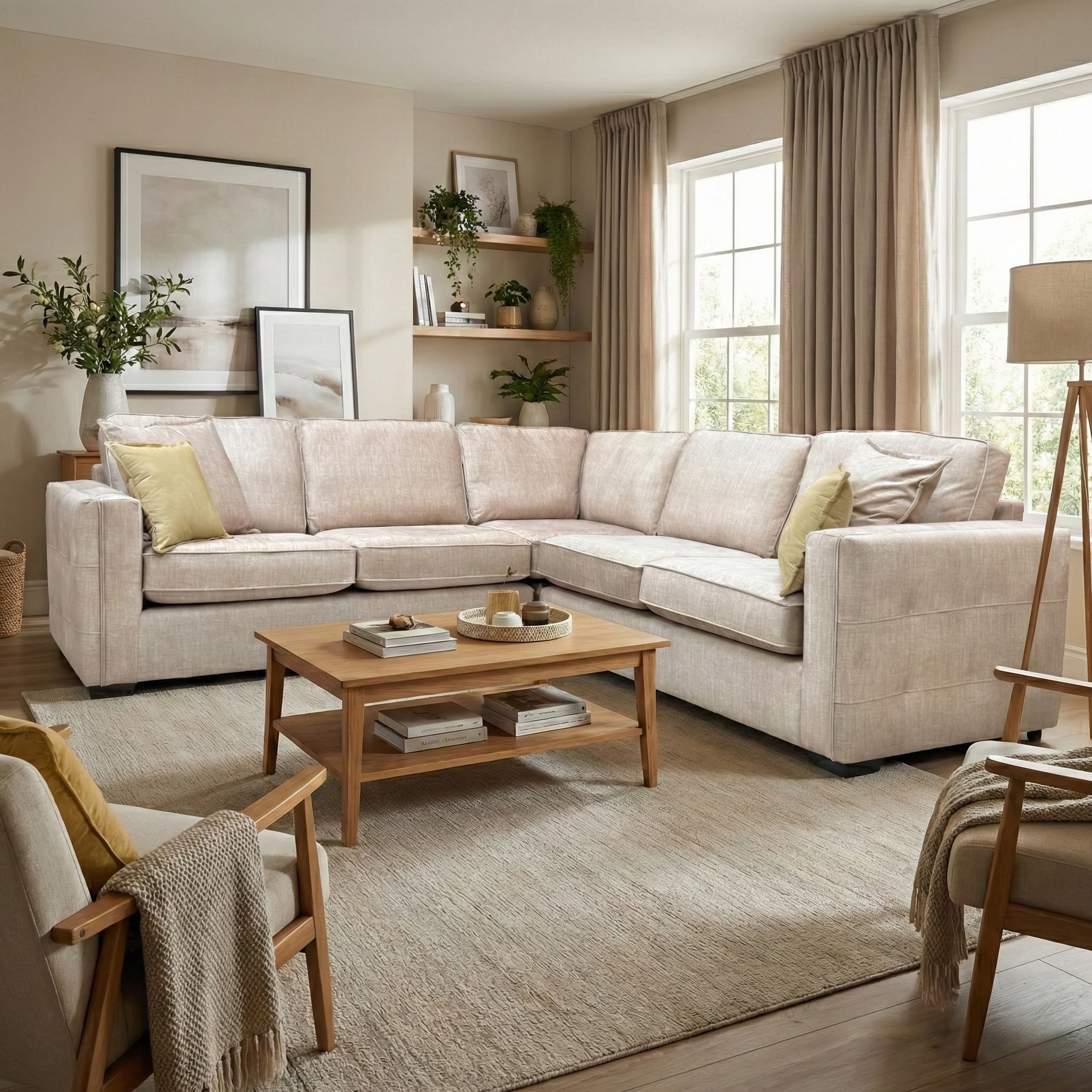 Lifestyle shot of the Chelsea beige velvet sofa in a bright living room, emphasizing its sophisticated design and plush seating.