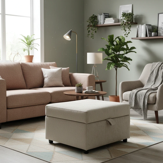 Lifestyle shot of the Harvey Truffle storage footstool in a living room, illustrating its dual-purpose role as a footrest and accent piece.