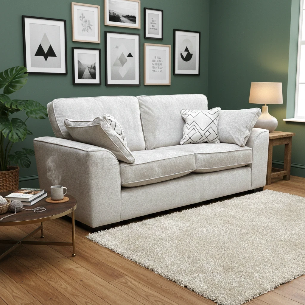 Lifestyle photograph of the Harvey Truffle 3-seater sofa in a living room setting, highlighting its sophisticated and stylish appeal.