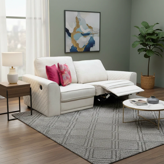 Living Room shot of the ‘Orka’ 3-seater power recliner, highlighting the premium neutral cream linen upholstery and plush cushioning.