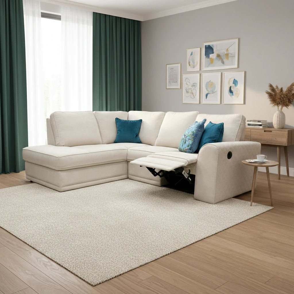 Living Room shot of the cream linen corner sofa, highlighting the sophisticated silhouette and premium fabric texture.