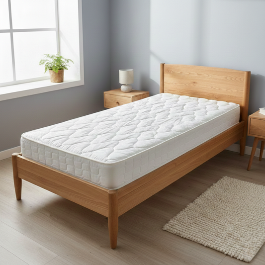 Living room of the mattress on a bed base, illustrating its standard 90cm x 190cm single dimensions.