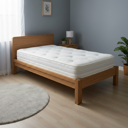 Lifestyle shot of the Silentnight single mattress against a white background, highlighting its deep profile and clean, modern design..