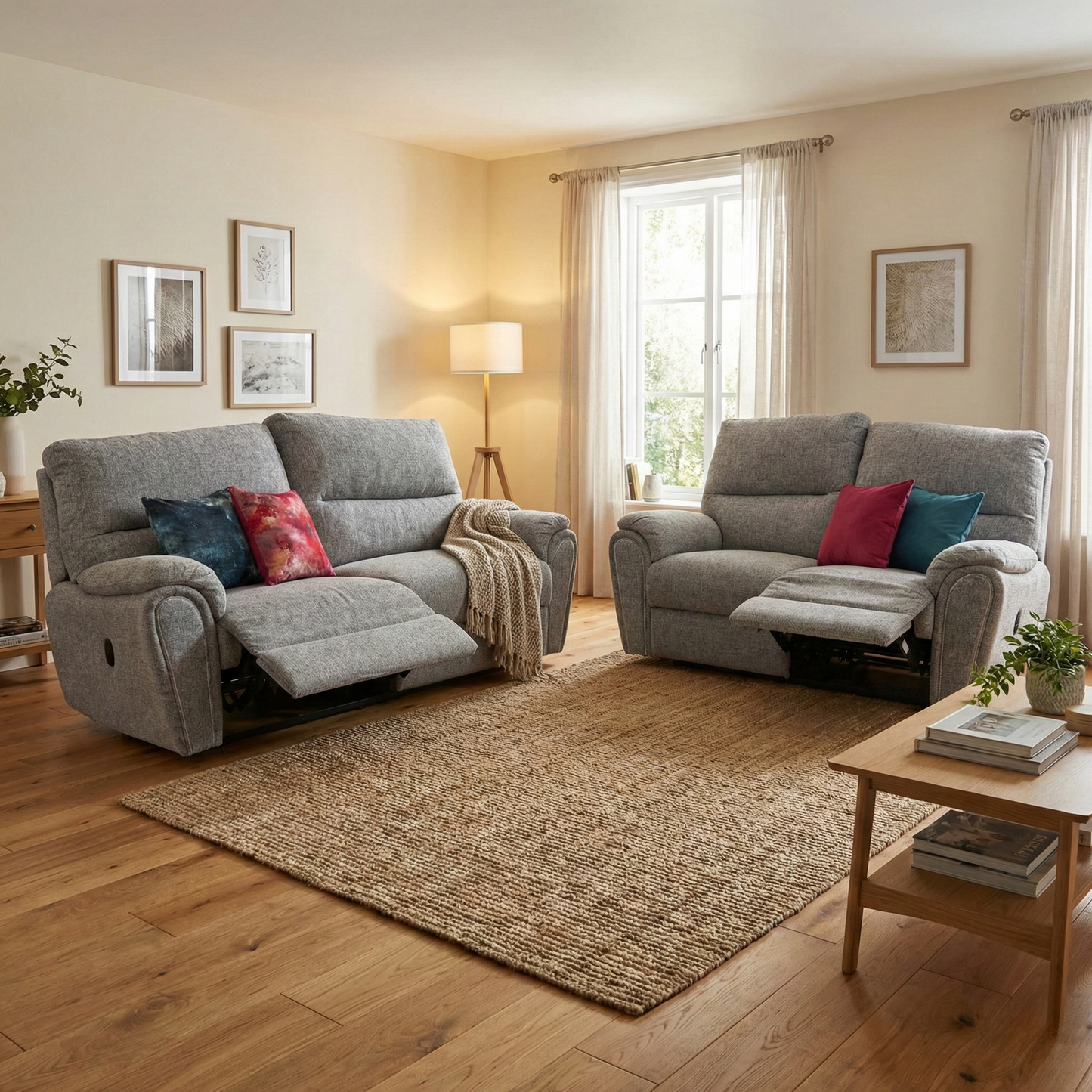 Lifestyle shot of the 'Willow' reclining sofa set in a bright living room, highlighting the comfortable grey fabric upholstery and family-friendly design.