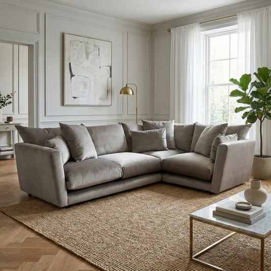 Lifestyle shot of the mink velvet corner sofa in a modern living space, emphasizing its sophisticated silhouette and premium aesthetic.