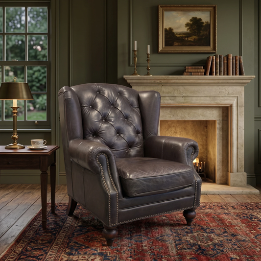 Living room view of the Shackleton Wing Chair, showcasing the luxurious dark brown leather grain, rolled armrests, and plush seat cushion.