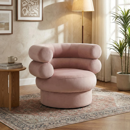 Living Room shot of ‘The Fitzrovia’ blush velvet chair, highlighting the smooth, trim-less upholstery and contemporary aesthetic.