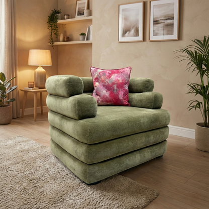 Living Room shot of the ‘Stacked’ olive green armchair, highlighting the tactile chenille upholstery and contemporary square-arm silhouette.