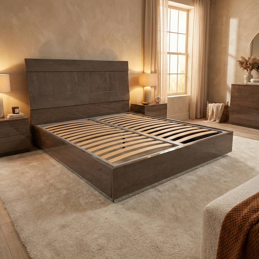 Living Room shot of the 'Venezia' bed frame highlighting the integrated LED headboard lighting and contemporary Italian craftsmanship.