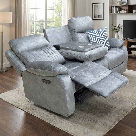 ‘Brystol’ Dapple Grey Velvet 3 Seater Power Recliner Sofa with Drop Down Cup Holder