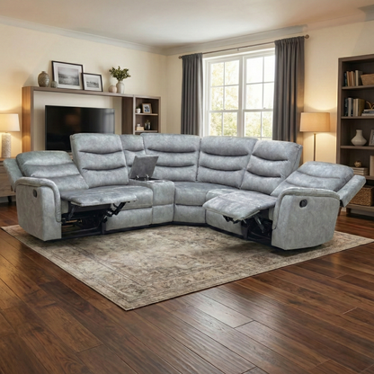 ‘Polly’ Dapple Grey Velvet Manual Recliner 2 Corner 2 Sofa with Cup Holder Console